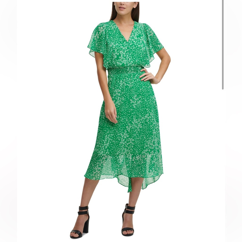 DKNY Green Floral Maxi Dress w Butterfly Sleeves